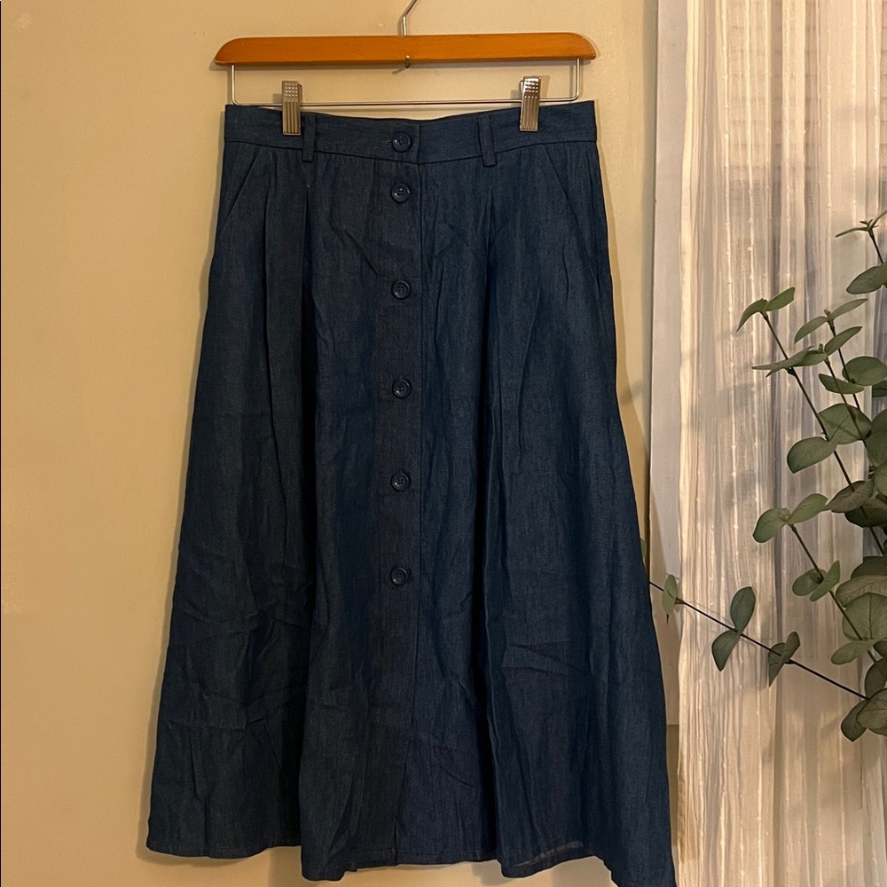 Dickins & Jones Cotton Denim Midi Button Front A-Line Skirt Coastal Cowgirl